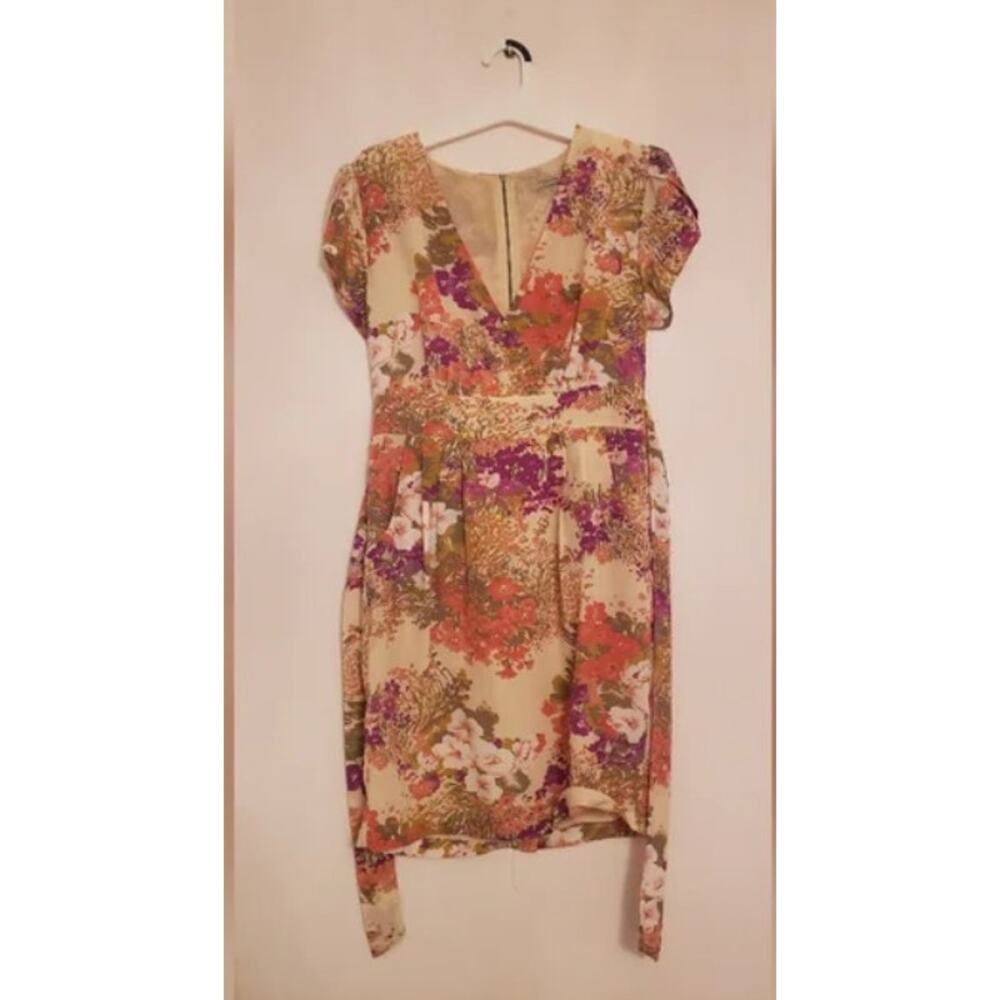 Dan Ling Floral Dress waist‎ tie size S zip back Pink/purpls